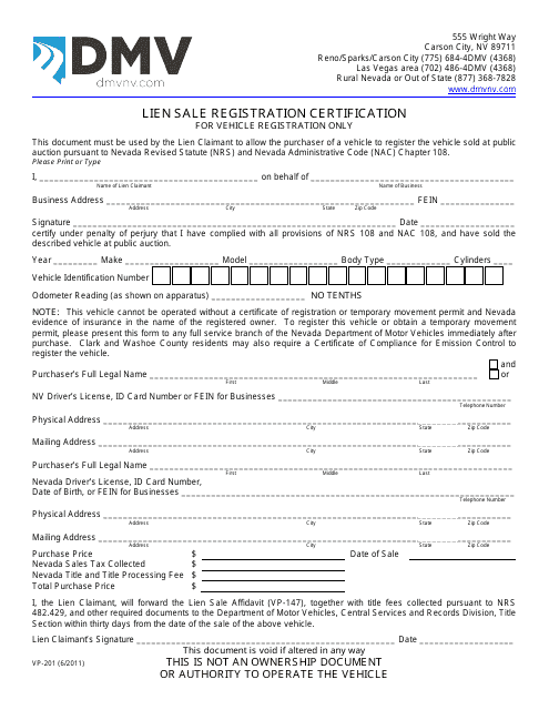 Form VP-201 Lien Sale Registration Certification - Nevada