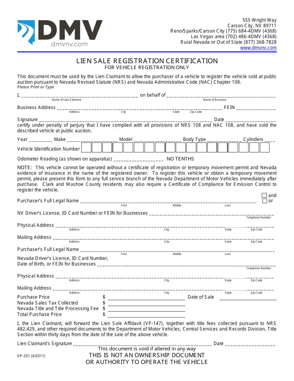 Form VP-201 - Fill Out, Sign Online and Download Fillable PDF, Nevada ...