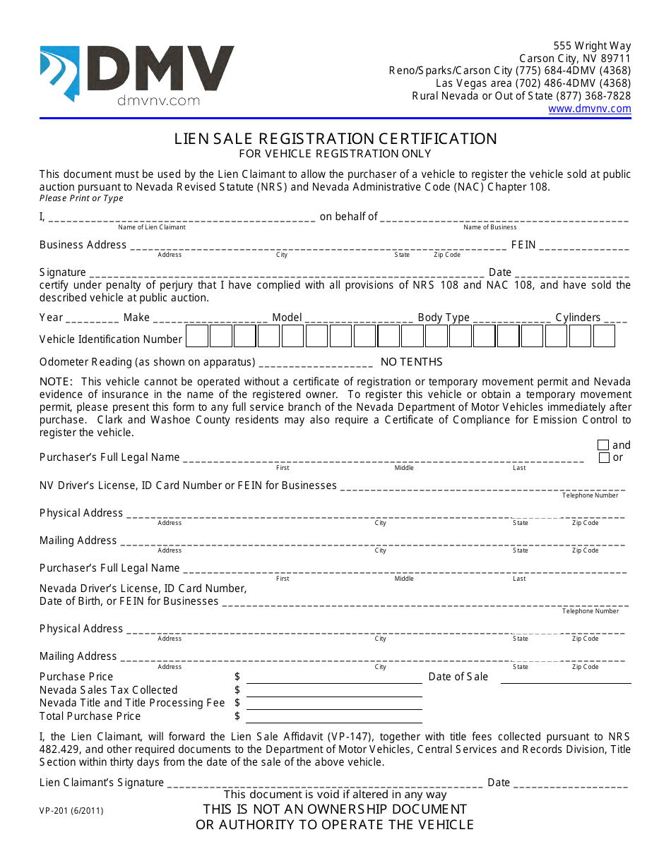 Form VP-201 Lien Sale Registration Certification - Nevada, Page 1