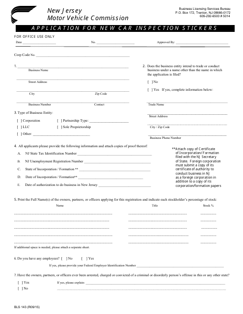 Form BLS143 Application for New Car Inspection Stickers - New Jersey