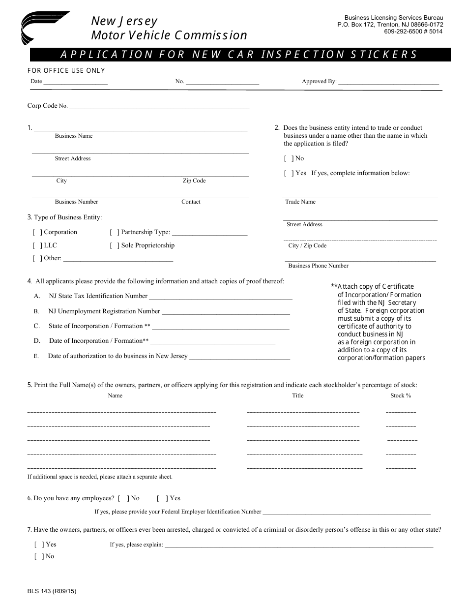 Form BLS143 Application for New Car Inspection Stickers - New Jersey, Page 1