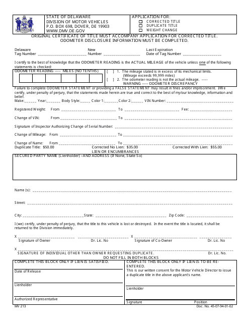 Form MV213 Application for: Corrected Title/Duplicate Title/Weight Change - Delaware