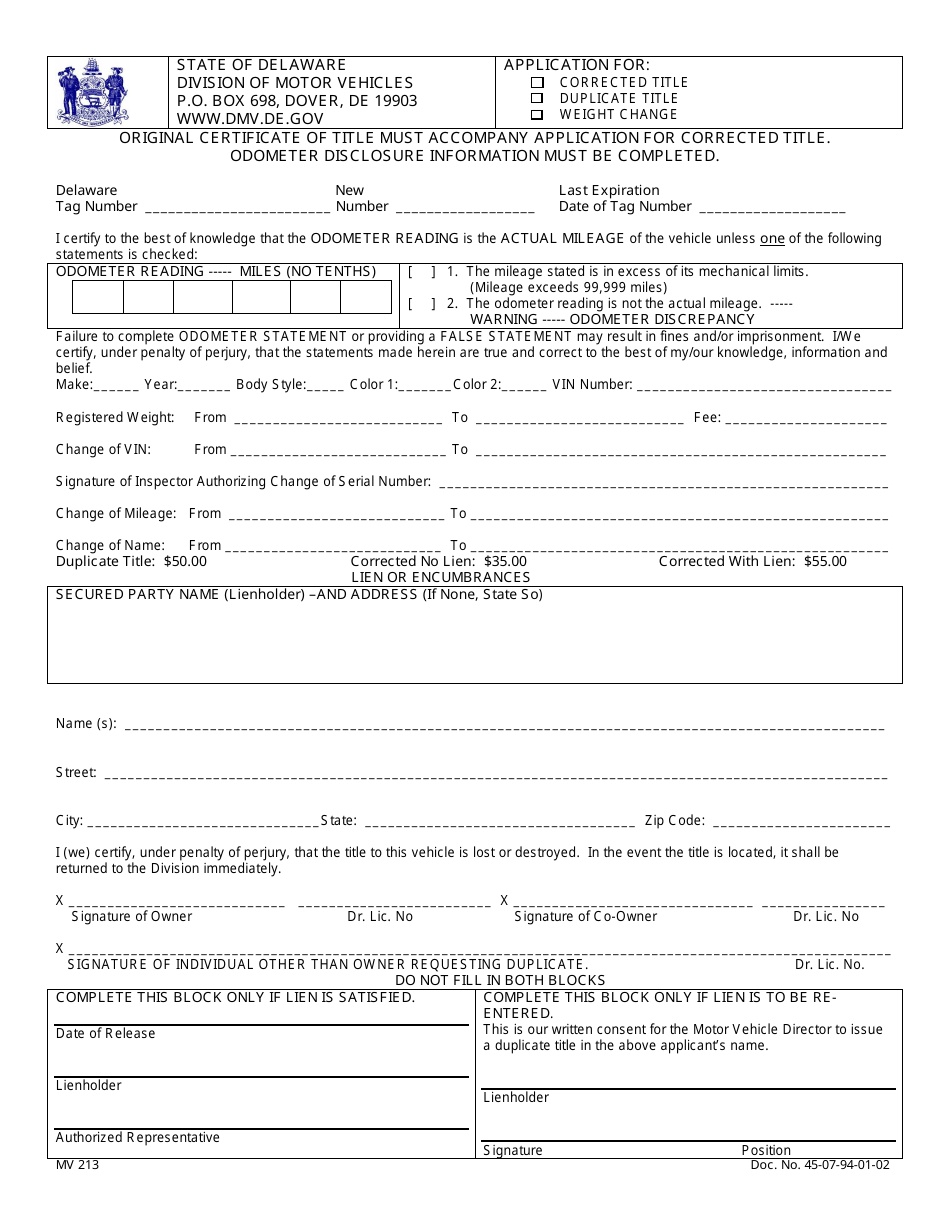 Form MV213 Application for: Corrected Title / Duplicate Title / Weight Change - Delaware, Page 1