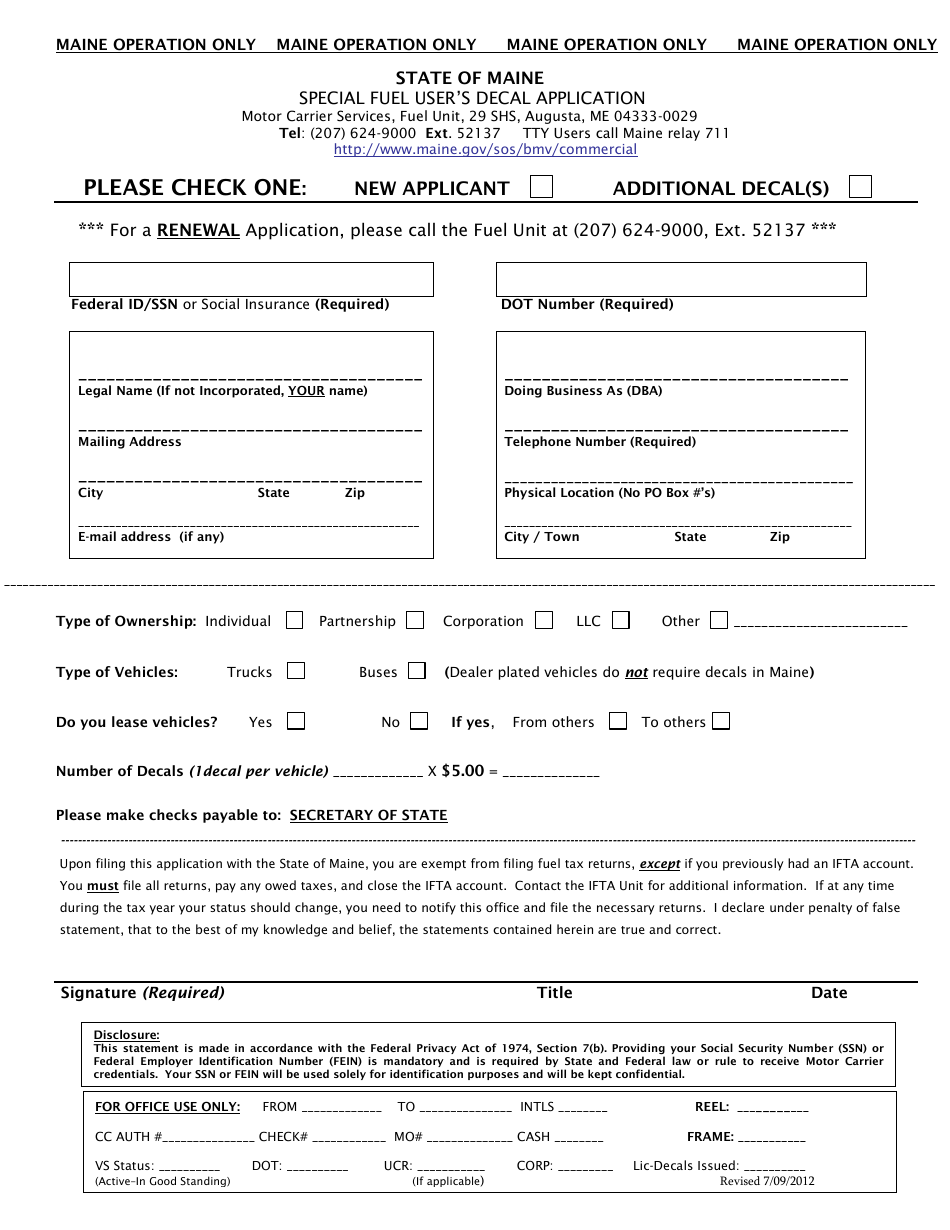 Special Fuel Users Decal Application Form - Maine, Page 1