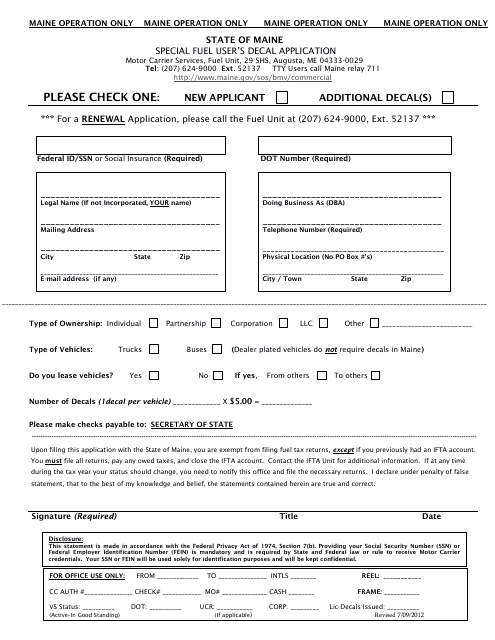 Special Fuel User&#039;s Decal Application Form - Maine