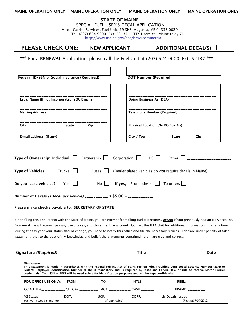 Maine Special Fuel User's Decal Application Form - Fill Out, Sign ...