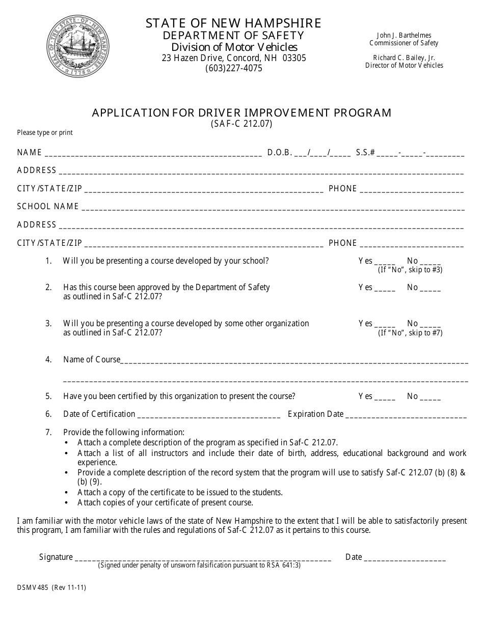 Form DSMV485 Application for Driver Improvement Program - New Hampshire, Page 1