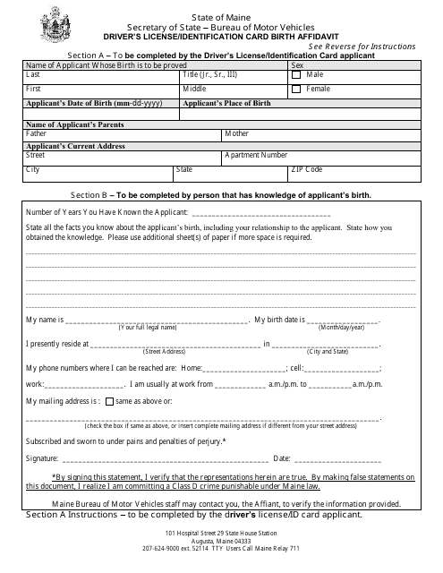 Driver&#039;s License/Identification Card Birth Affidavit Form - Maine