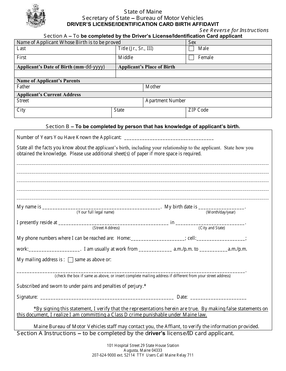 Drivers License / Identification Card Birth Affidavit Form - Maine, Page 1