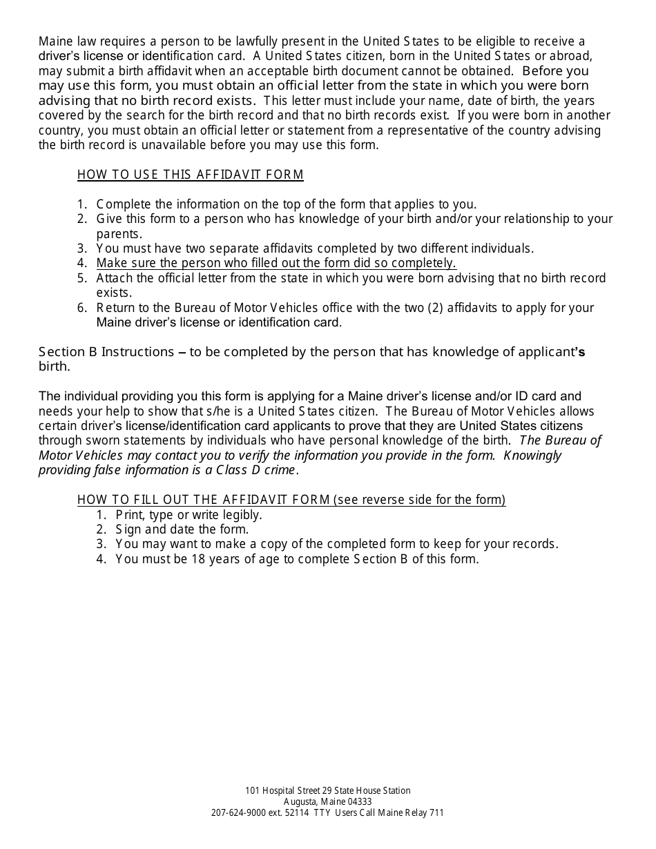 Drivers License / Identification Card Birth Affidavit Form - Maine, Page 2