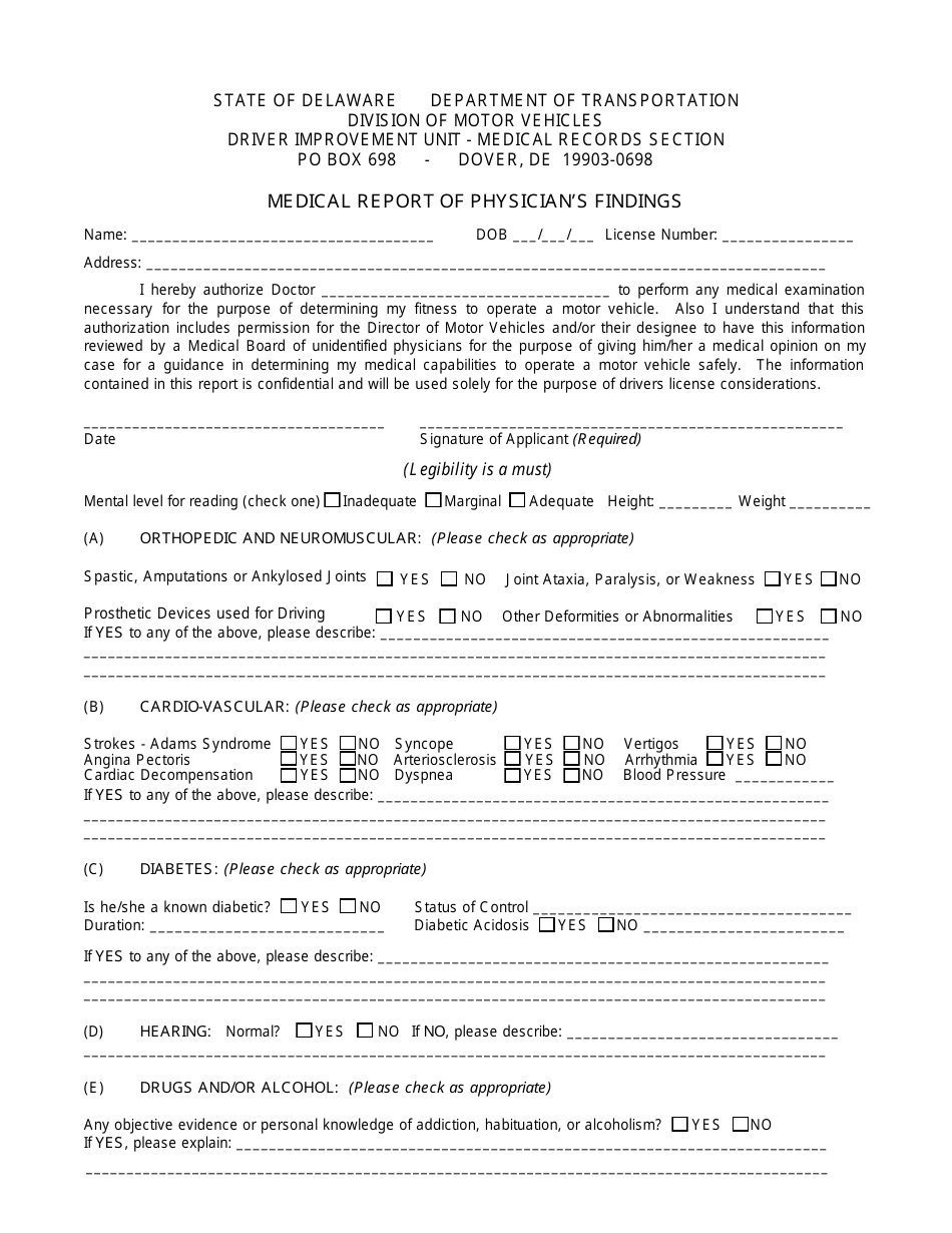 Form MV346 Medical Report of Physicians Findings - Delaware, Page 1