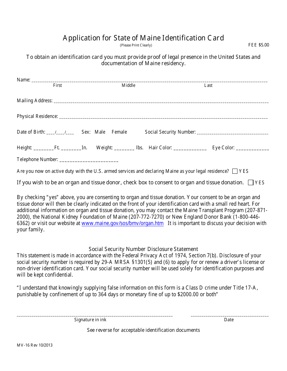 Form MV-16 Application for State of Maine Identification Card - Maine, Page 1