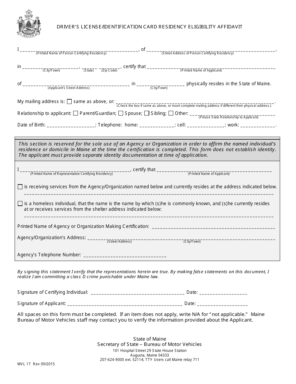 Form MVL-17 Driver's License/Identification Card Residency Eligibility Affidavit - Maine, Page 1