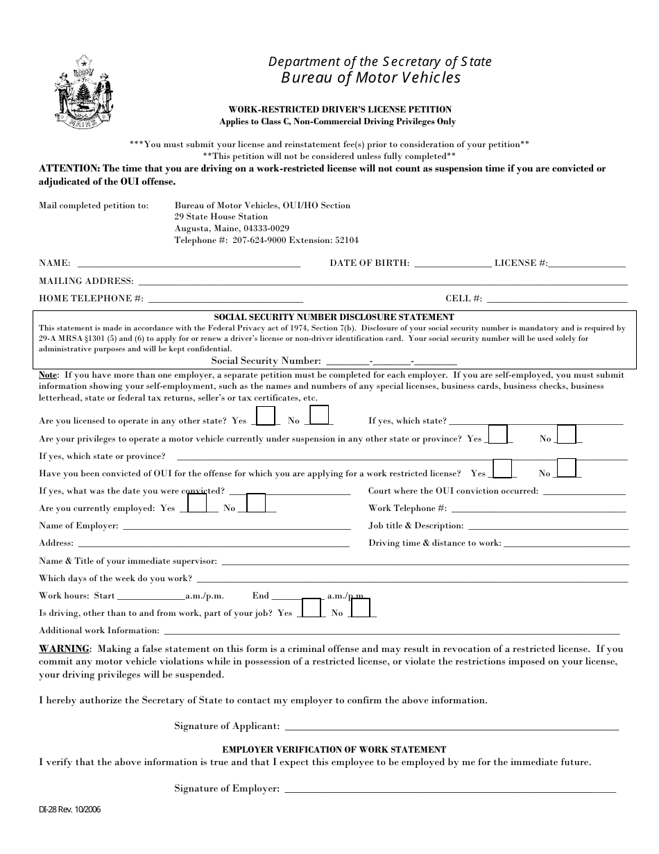 Form DI-28 Work-Restricted Drivers License Petition - Maine, Page 1