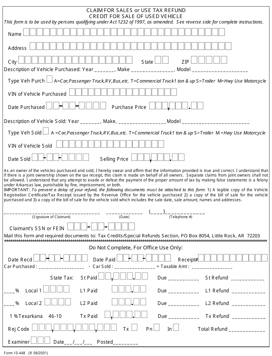 Form 10-448 Claim for Sales or Use Tax Refund: Credit for Sale of Used Vehicle - Arkansas, Page 1