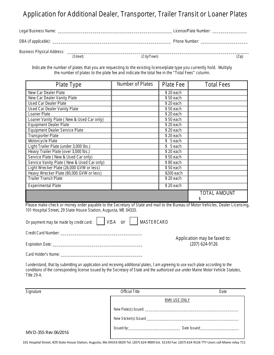Form MVD-355 Application for Additional Dealer, Transporter, Trailer Transit or Loaner Plates - Maine, Page 1