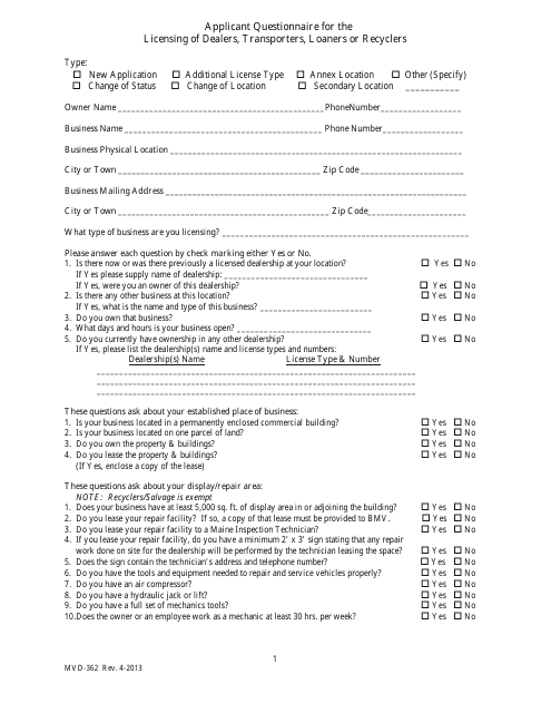 Form MVD-362  Printable Pdf