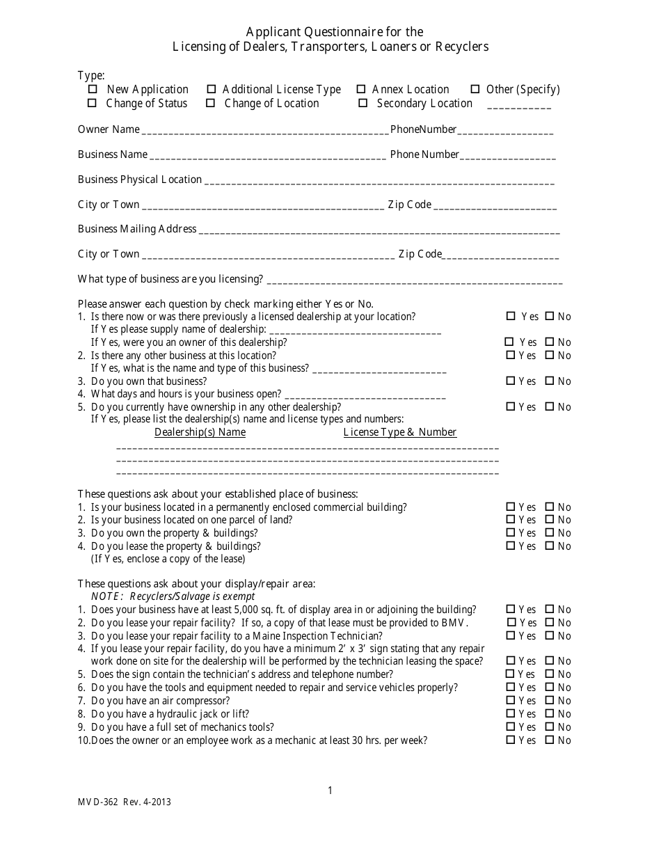 Form MVD-362 Applicant Questionnaire for the Licensing of Dealers, Transporters, Loaners or Recyclers - Maine, Page 1