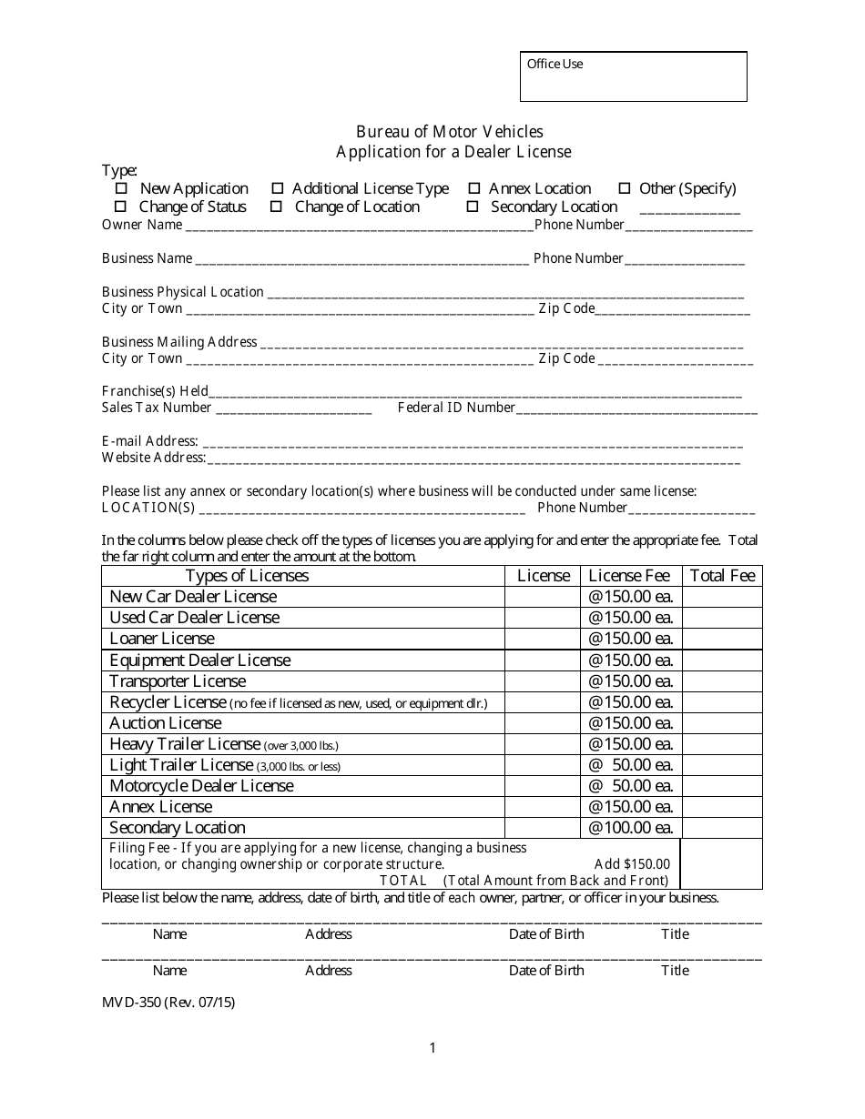 Form MVD-350 Application for a Dealer License - Maine, Page 1