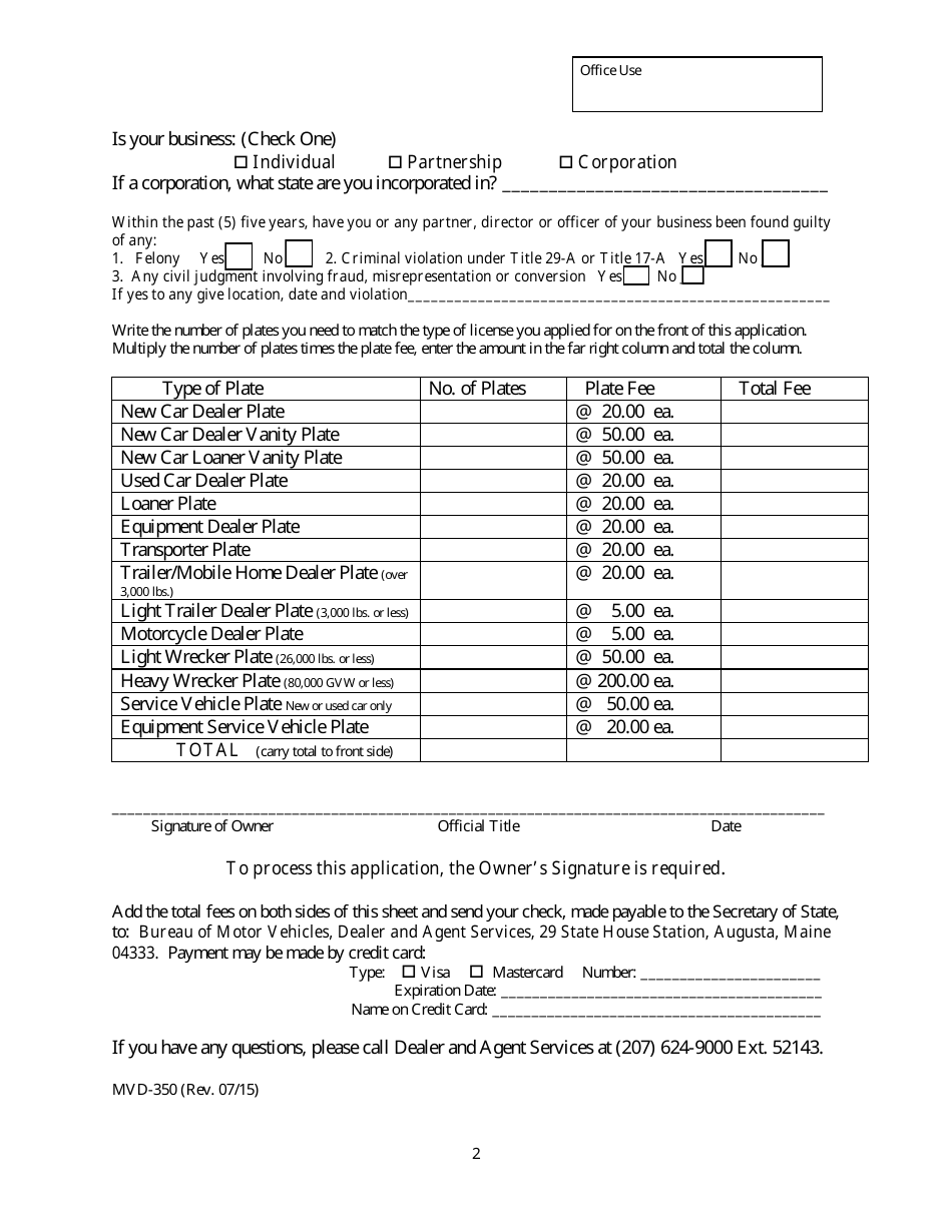 Form MVD-350 Application for a Dealer License - Maine, Page 2