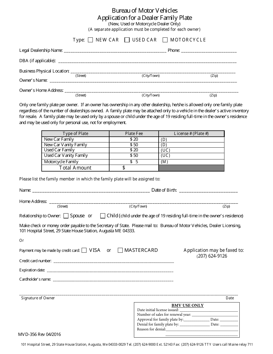 Form MVD-356 Application for a Dealer Family Plate - Maine, Page 1