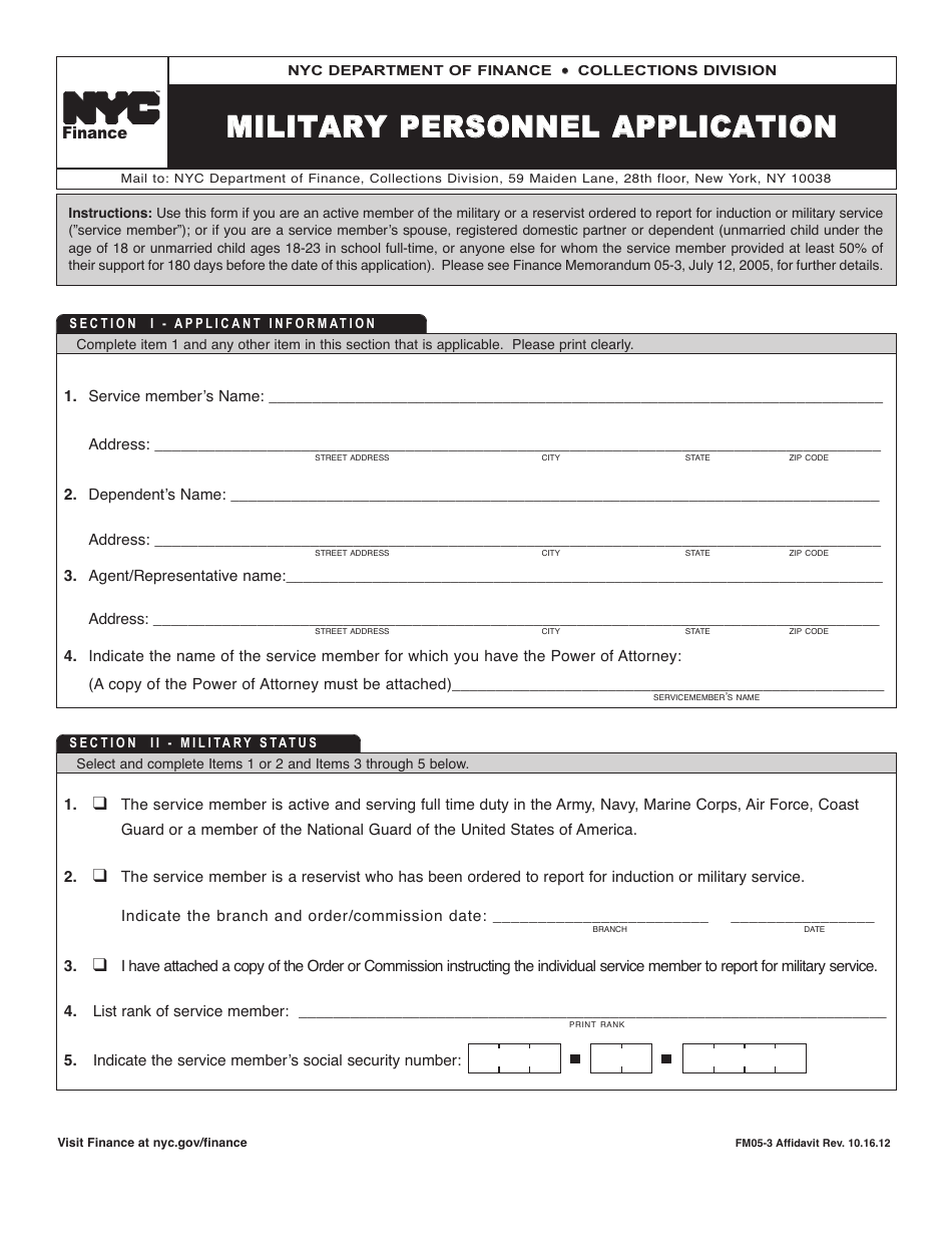 Form FM05-3 Military Personnel Application - New York City, New York City, Page 1