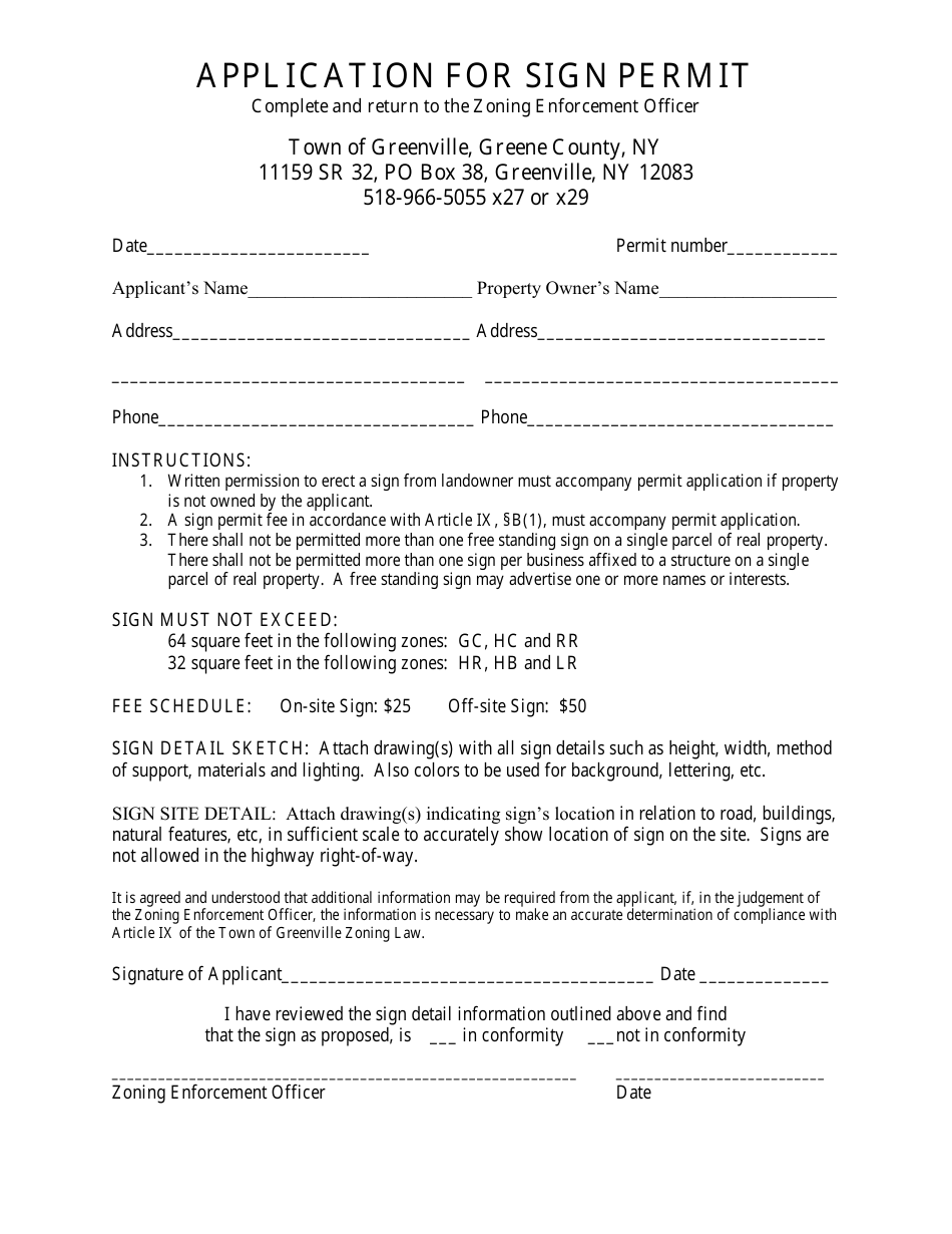 Application for Sign Permit - Town of Greenville, New York, Page 1