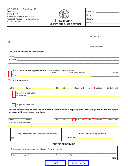 Form AOC-025.1 Subpoena Duces Tecum - Kentucky