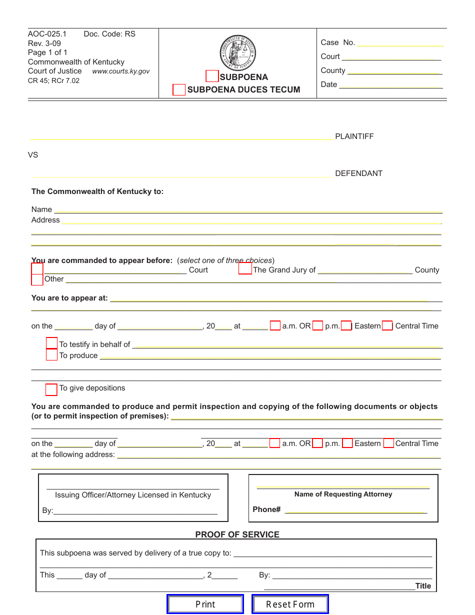 Form AOC-025.1 Subpoena Duces Tecum - Kentucky, Page 1