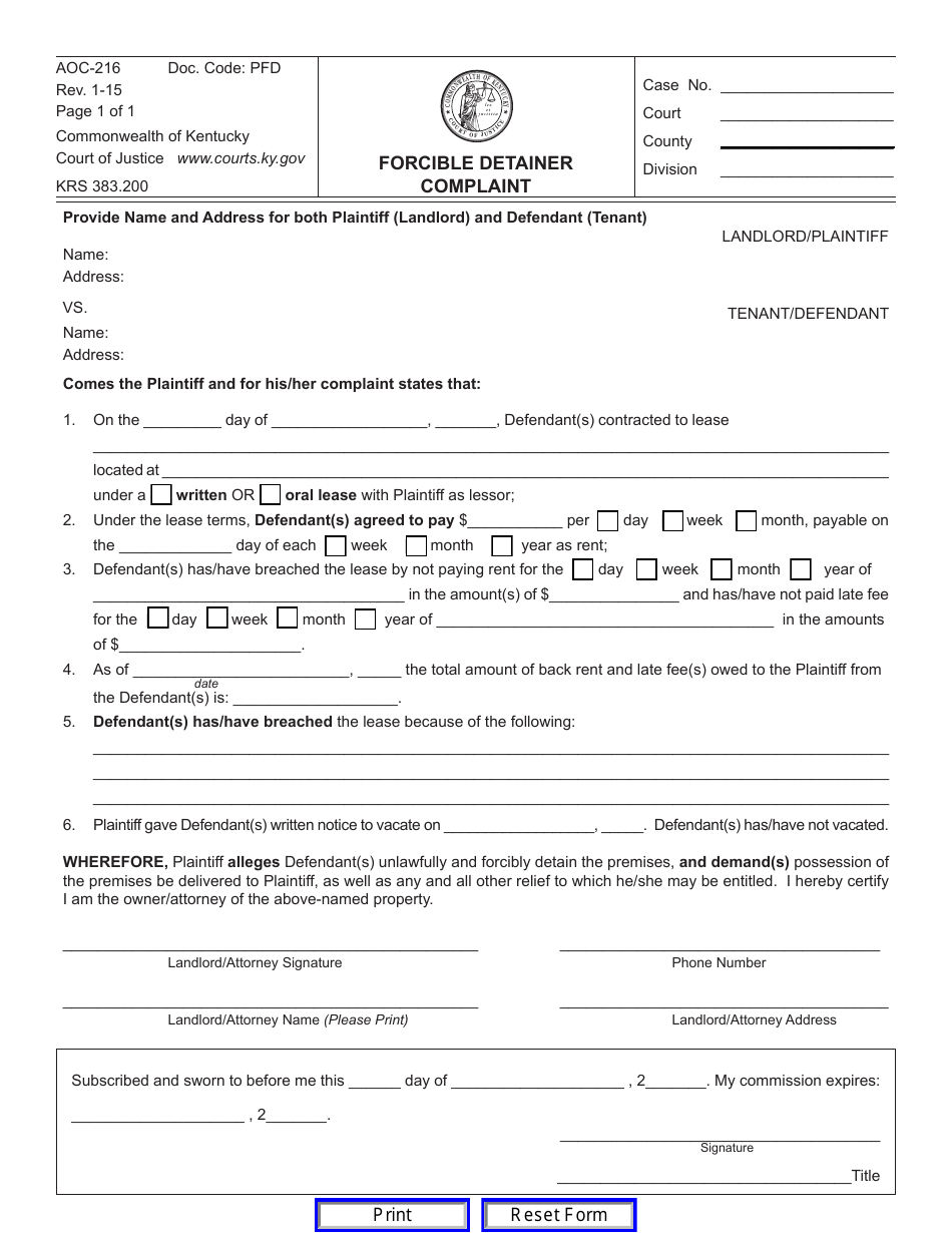 Form Aoc 216 Download Fillable Pdf Or Fill Online Forcible