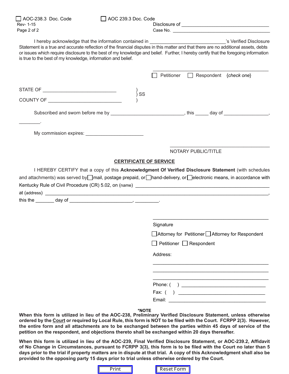 Form AOC-238.3 (AOC-239.3) Acknowledgment of Preliminary / Final Verified Disclosure Statement - Kentucky, Page 2