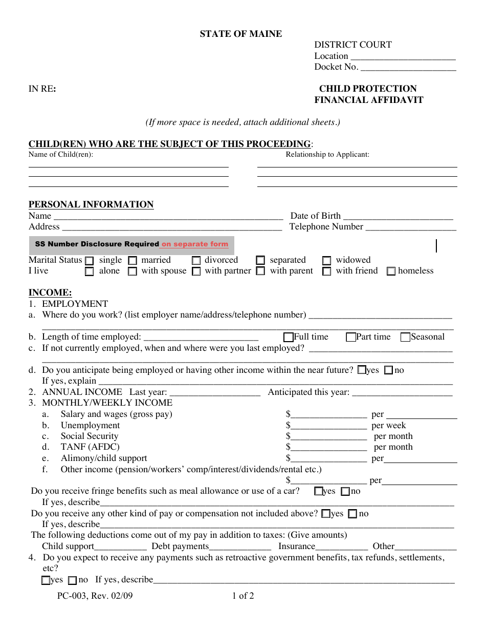 Form PC-003 Child Protection Financial Affidavit - Maine, Page 1