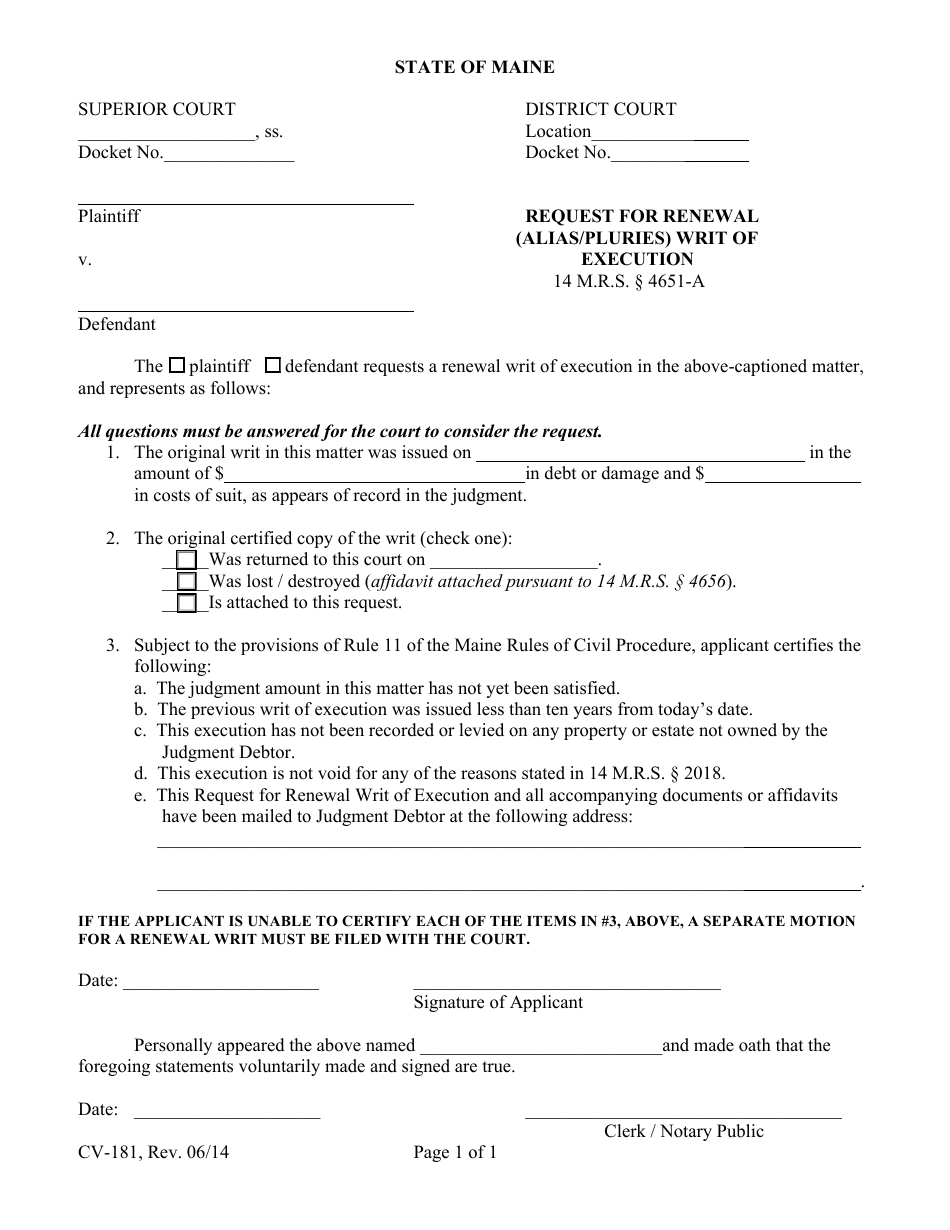 Form CV-181 Request for Renewal (Alias / Pluries) Writ of Execution - Maine, Page 1