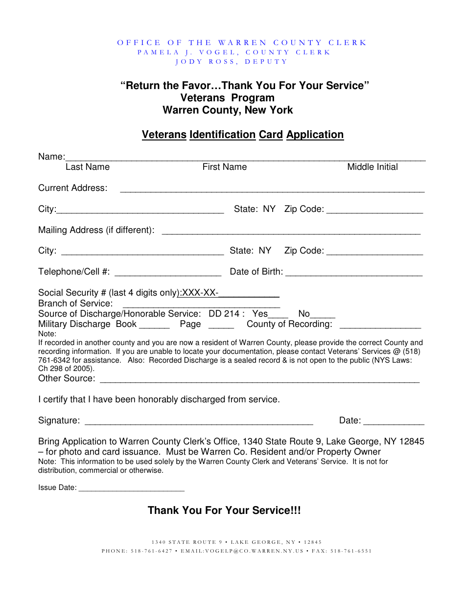Veteran Id Application Form - Warren County, New York, Page 1
