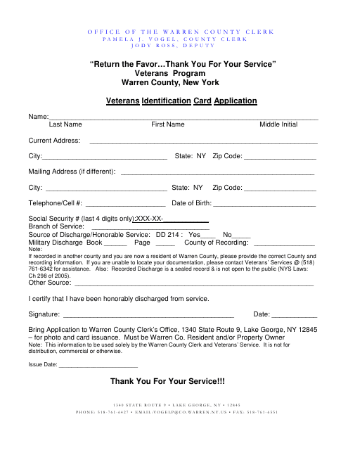 Veteran Id Application Form - Warren County, New York Download Pdf