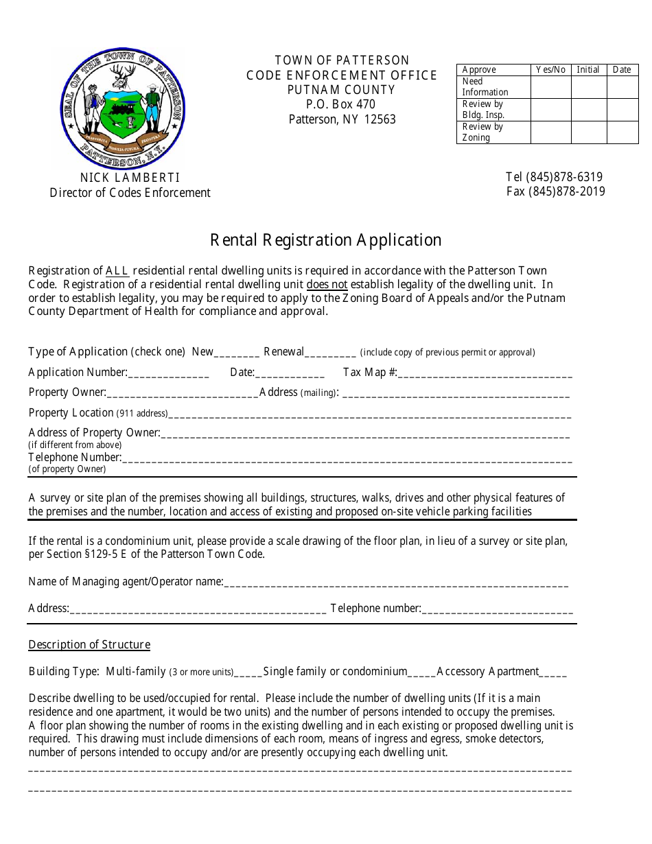 Rental Registration Application Form - Town of Patterson, New York, Page 1