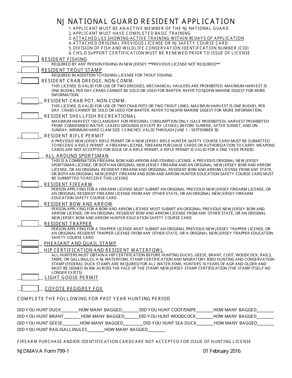 NJDMAVA Form 799-1 Resident Application for Njng Hunting and Fishing License - New Jersey, Page 1