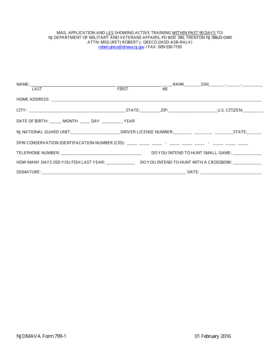 NJDMAVA Form 799-1 Resident Application for Njng Hunting and Fishing License - New Jersey, Page 2
