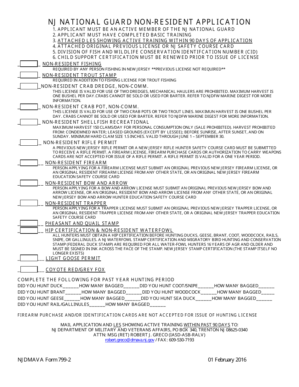 NJDMAVA Form 799-2 Non-resident Application for Njng Hunting and Fishing License - New Jersey, Page 1