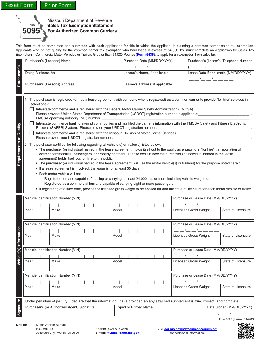 Form 5095 Sales Tax Exemption Statement for Authorized Common Carriers - Missouri, Page 1
