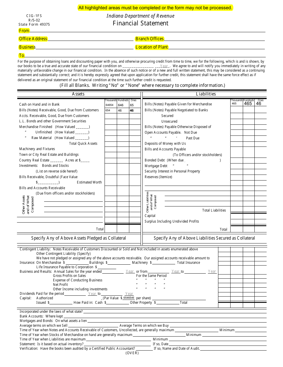 Form CIG-1FS (State Form 49375) Financial Statement - Indiana, Page 1