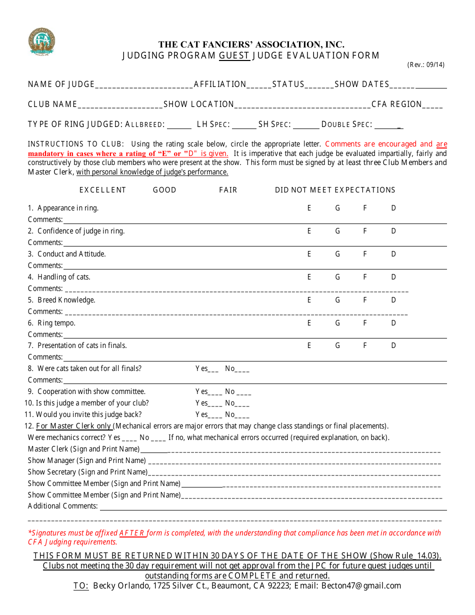 Judging Program Guest Judge Evaluation Form - the Cat Fanciers Association, Inc. - California, Page 1