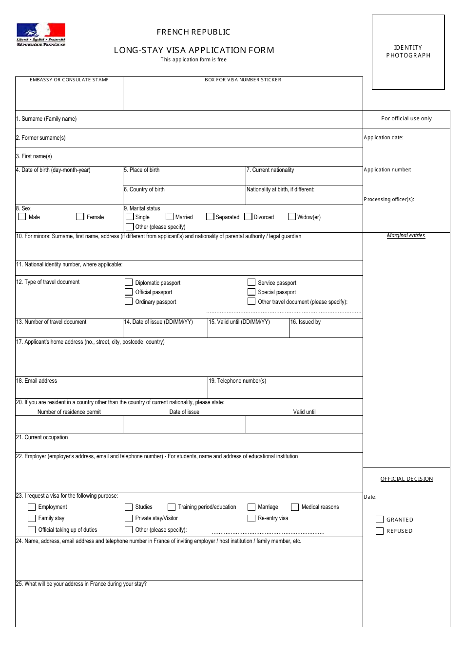 French Republic Long-Stay Visa Application Form, Page 1