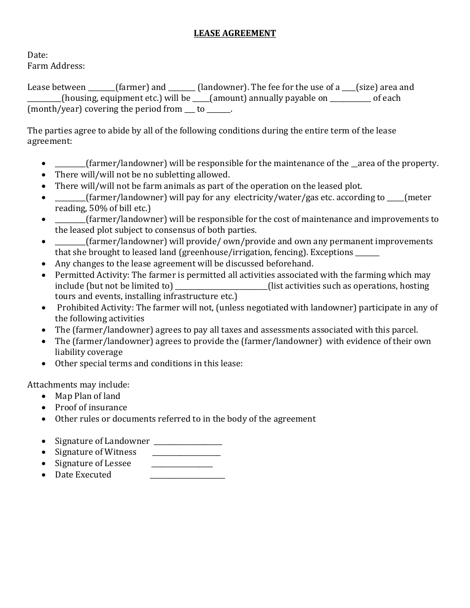 Printable Farm Land Lease Agreement