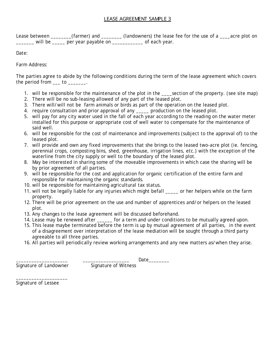 Farm Lease Agreement Template - Sixteen Points, Page 1