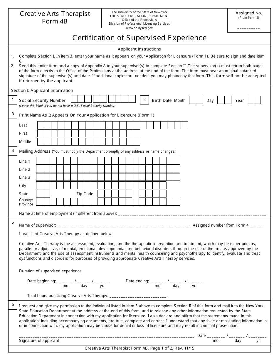 Form 4B Certification of Supervised Experience Form - New York, Page 1