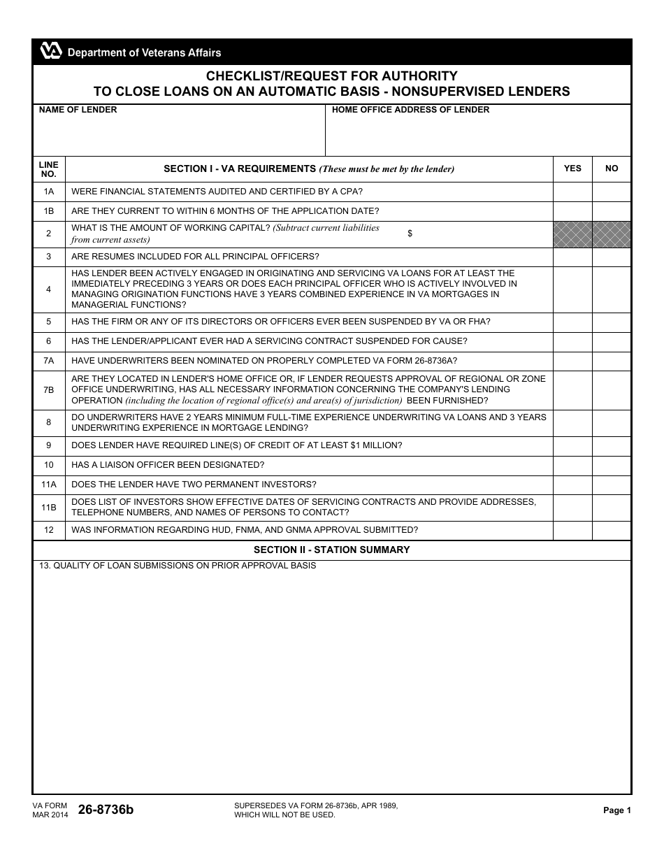 VA Form 26-8736b Checklist / Request for Authority to Close Loans on an Automatic Basis for Nonsupervised Lenders, Page 1