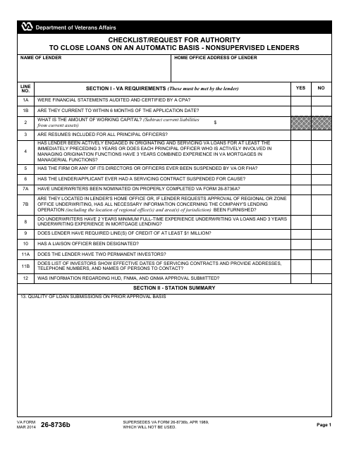 VA Form 26-8736b Checklist/Request for Authority to Close Loans on an Automatic Basis for Nonsupervised Lenders