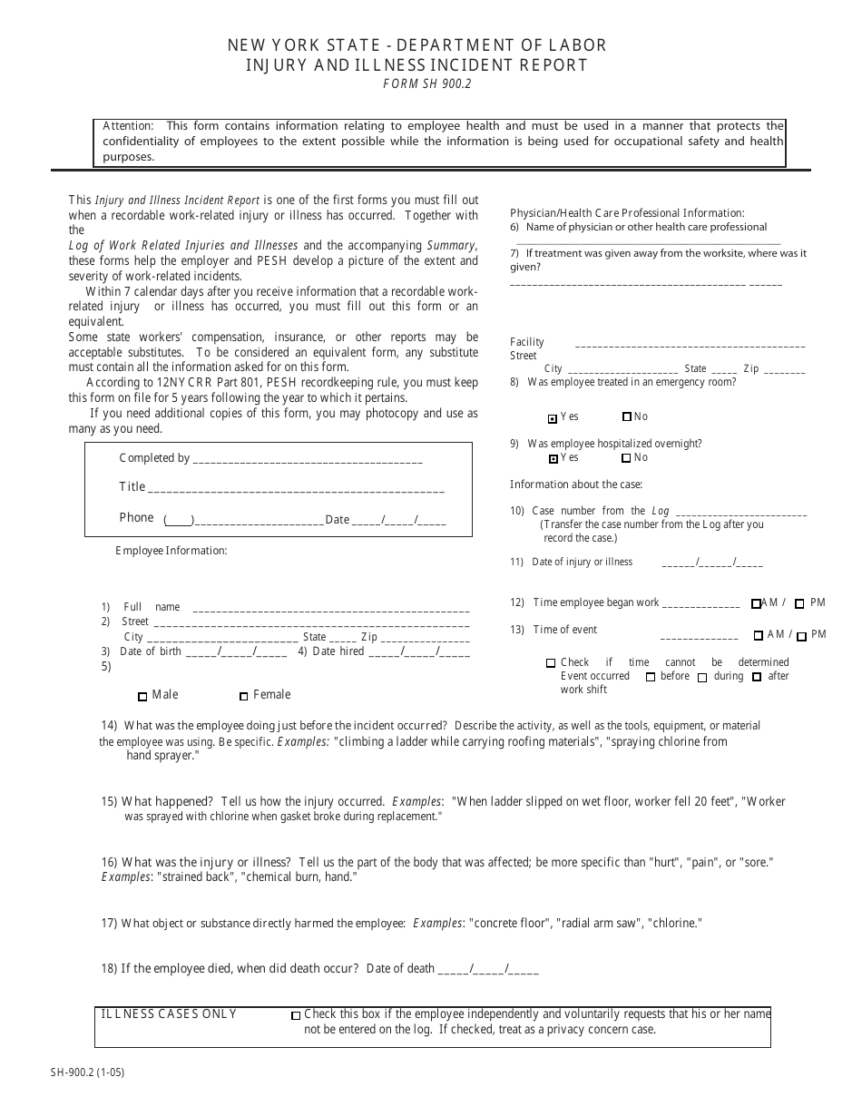 Form SH900.2 Injury and Illness Incident Report - New York, Page 1