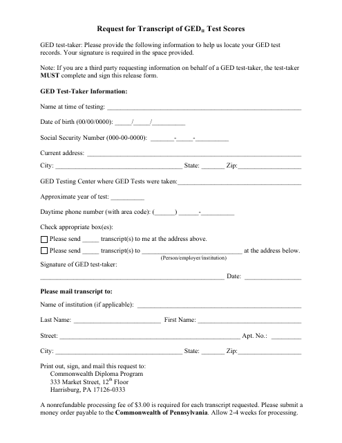 "Request for Transcript of Ged Test Scores" - Pennsylvania Download Pdf
